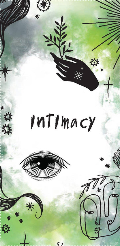 Intimacy oracle card: a green watercolour background with an eye and a hand in black line art.