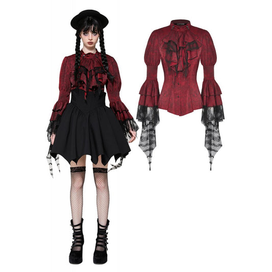 Dark in Love Vampiretta Red Distressed Effect Frilly Blouse - Kate's Clothing