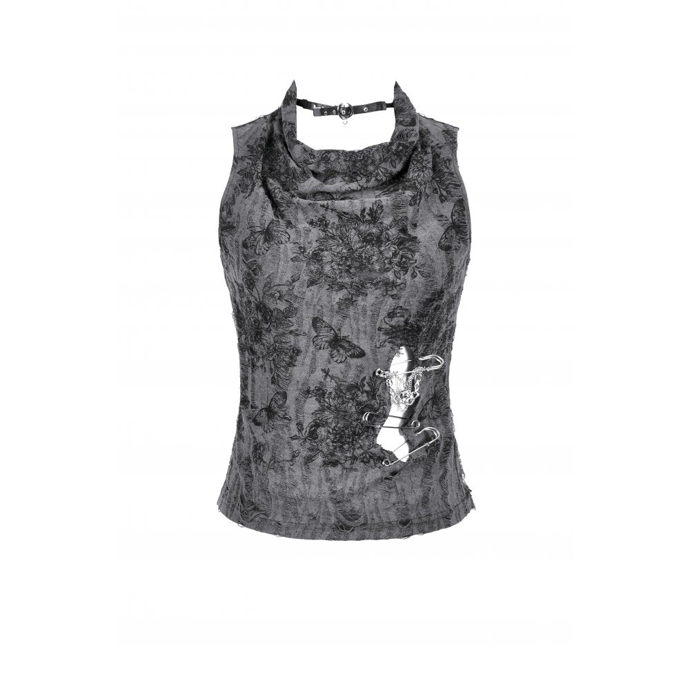 Dark in Love Shredded Butterfly Print Halter Goth Top In Grey