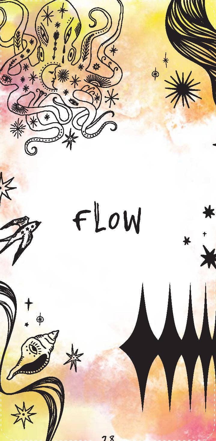 Flow oracle card: a yellow and pink watercolour background with black spiky line art.