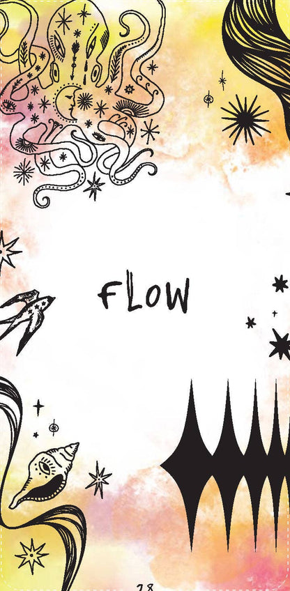 Flow oracle card: a yellow and pink watercolour background with black spiky line art.