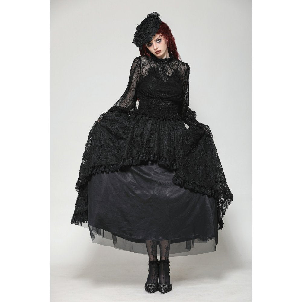 Dark in Love Aoife Black Hollow Lace Elastic Pleated Waist Eyelash Lace Cuff Top - Kate's Clothing