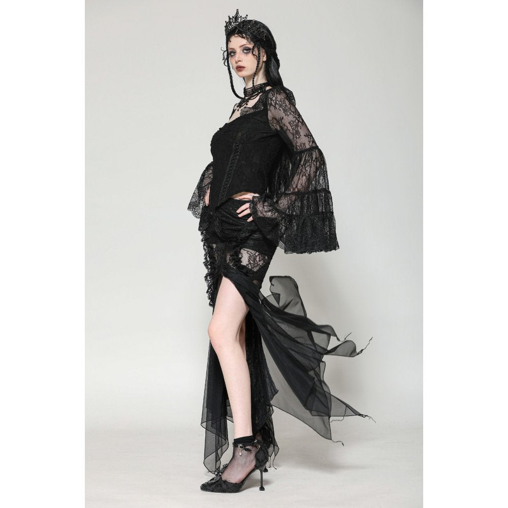 Dark in Love Zuri Gothic Romantic Lace Patchwork Bell-Sleeve Layered Cuff Top - Kate's Clothing