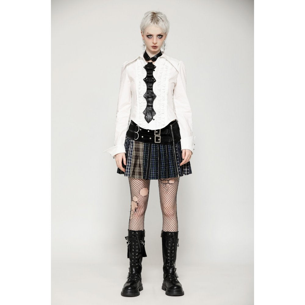 Dark in Love Sage Colorful Plaid Patchwork Leather-Waist Skirt