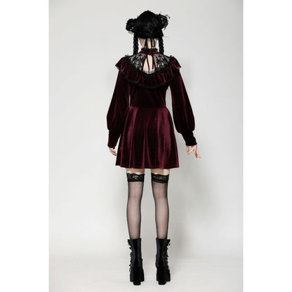 Dark in Love Verity Burgundy Velvet Dress with Black Gothic Lace - Kate's Clothing