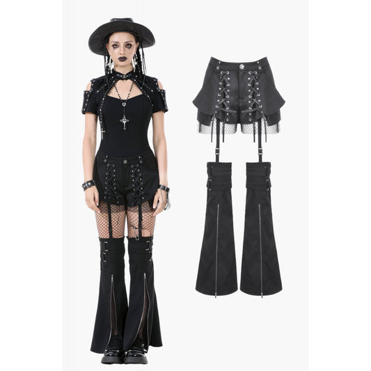 Dark in Love Lace-Up Layered Goth Convertible Flare Trousers with Mini Skirt