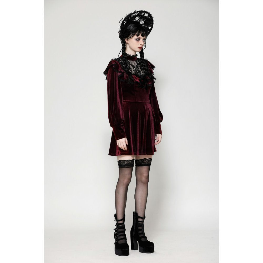 Dark in Love Verity Burgundy Velvet Dress with Black Gothic Lace - Kate's Clothing