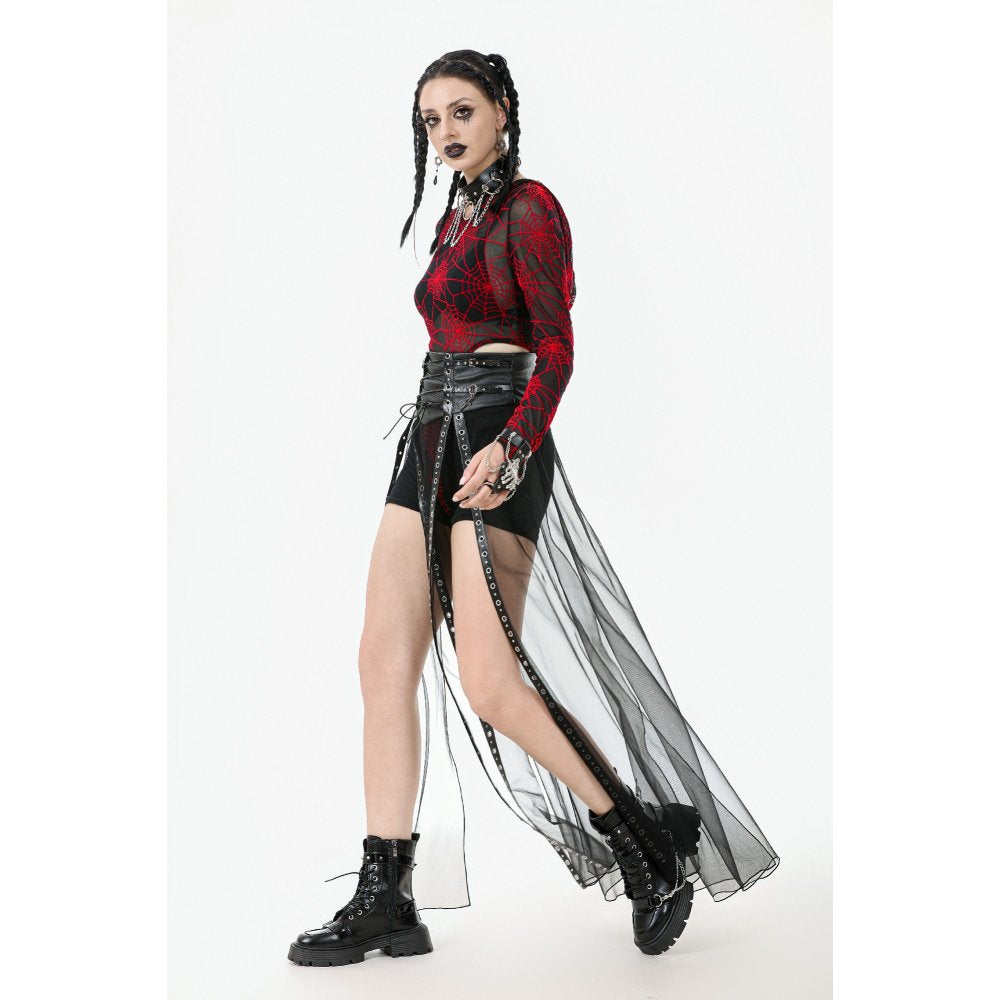 Dark in Love Gothic Sheer Mesh Maxi Skirt with PU Waist Corset