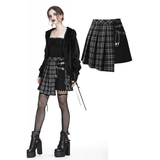 Dark in Love Leah Gothic Tartan Mini Skirt: Black & White Plaid