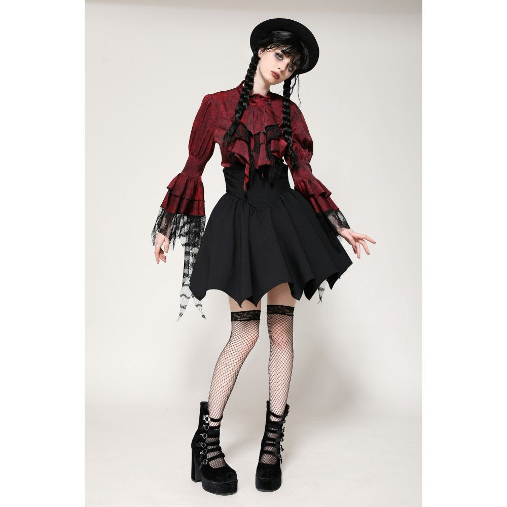 Dark in Love Vampiretta Red Distressed Effect Frilly Blouse - Kate's Clothing