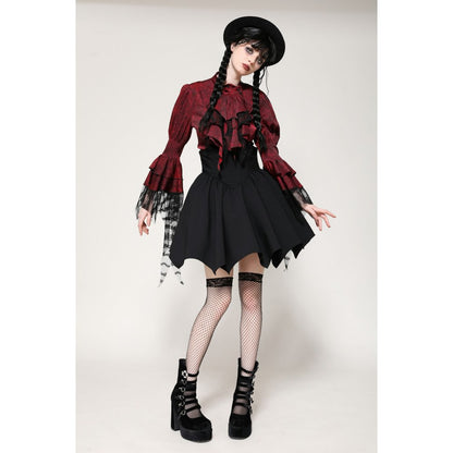 Dark in Love Vampiretta Red Distressed Effect Frilly Blouse - Kate's Clothing