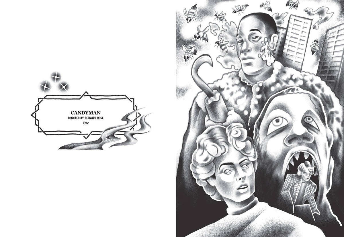 Candyman: Candyman page spread: title label on the left, black-and-white Candyman with hook and bees above a woman's face on the right.