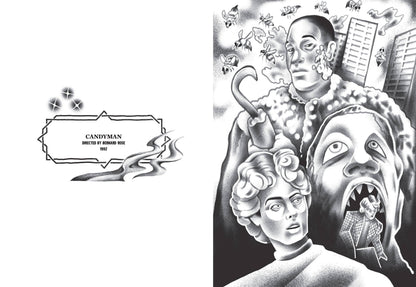 Candyman: Candyman page spread: title label on the left, black-and-white Candyman with hook and bees above a woman's face on the right.
