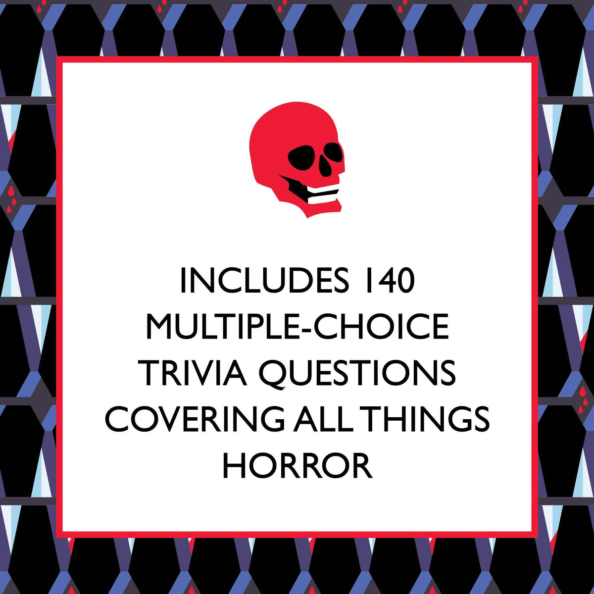 Graphic reading “Includes 140 multiple-choice trivia questions covering all things horror”.