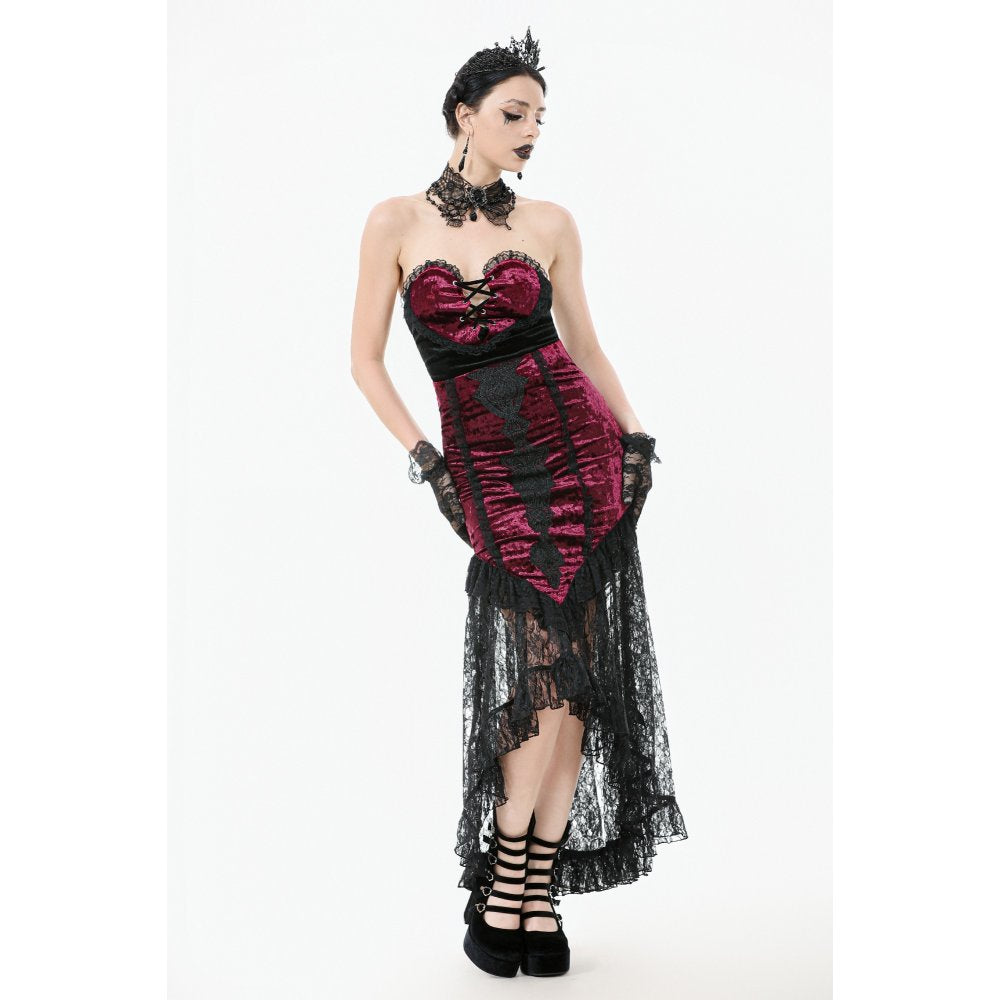 Dark in Love Crimson Queen Lace High-Low Goth Skirt in Burgundy & Black