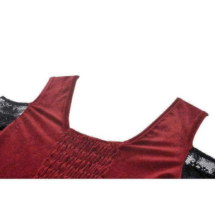 Dark in Love Delancy Gothic Black and Red Velvet Cold Shoulder Top - Kate's Clothing