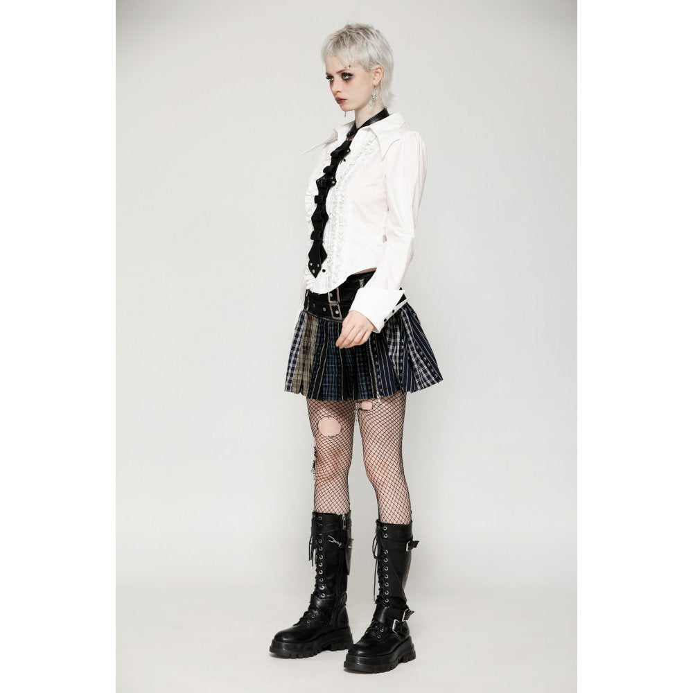 Dark in Love Sage Colorful Plaid Patchwork Leather-Waist Skirt