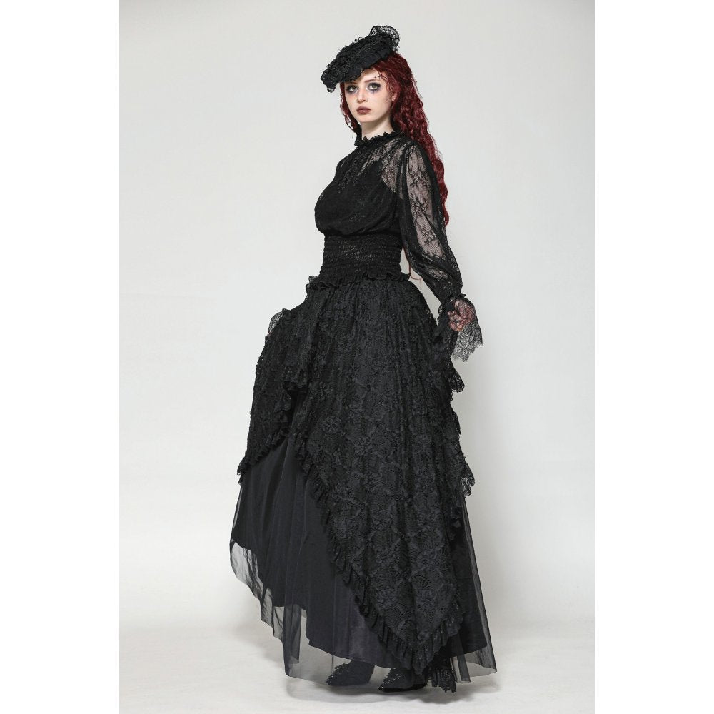 Dark in Love Aoife Black Hollow Lace Elastic Pleated Waist Eyelash Lace Cuff Top - Kate's Clothing