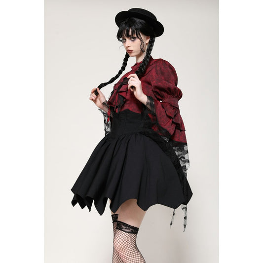 Dark in Love Vampiretta Red Distressed Effect Frilly Blouse - Kate's Clothing