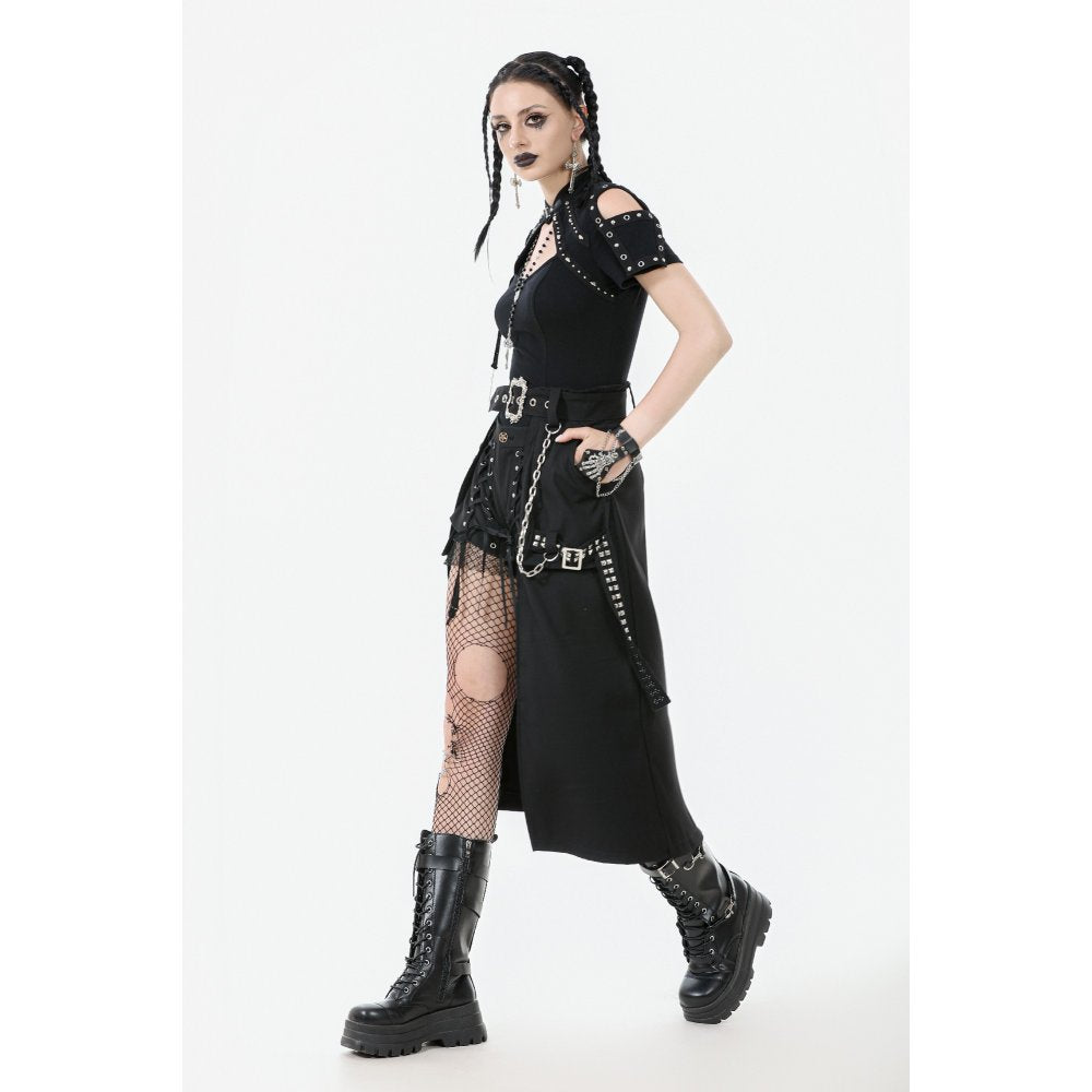 Dark in Love Chain Belt Layered Goth Skirt in Black