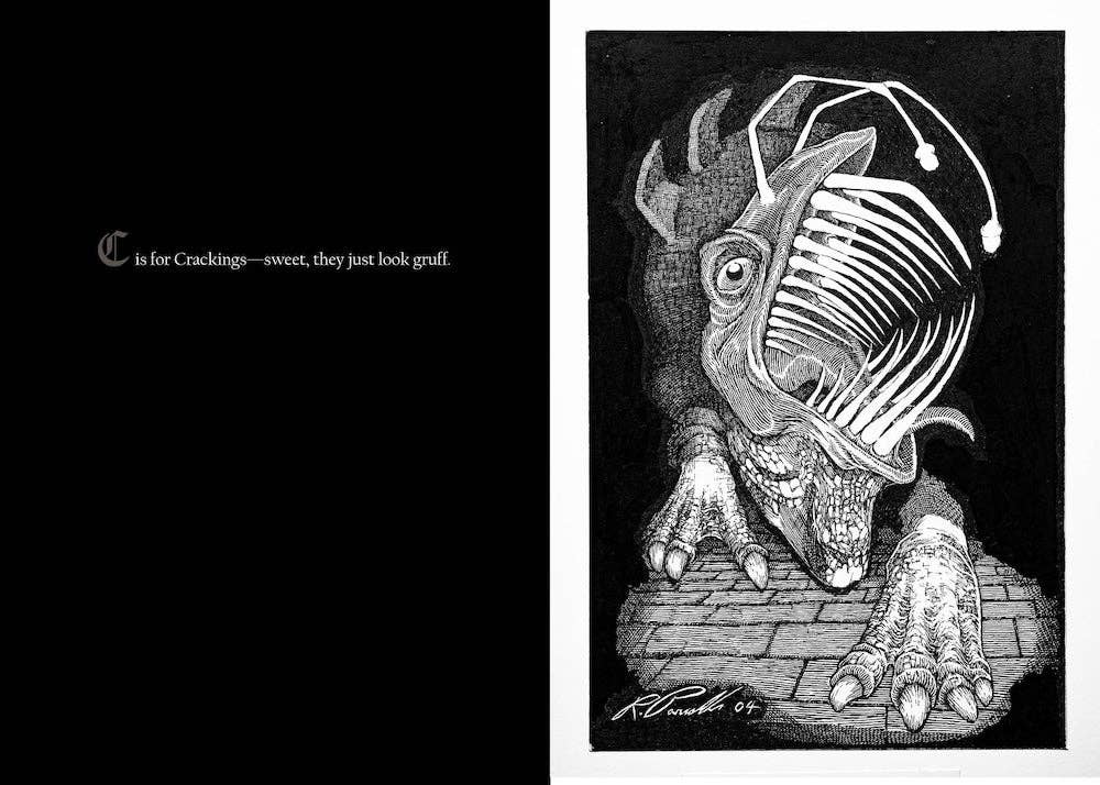 "C is for Crackings" spread: a black page of white lettering beside a hunched beast with a ribbed head, on cobbles.