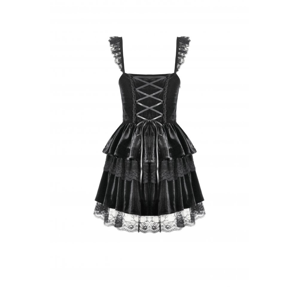 Dark in Love Nocturne Ruffled Velvet Lace Goth Dress in Black