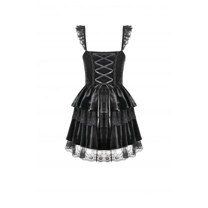 Dark in Love Nocturne Ruffled Velvet Lace Goth Dress in Black