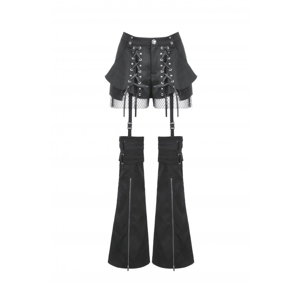 Dark in Love Lace-Up Layered Goth Convertible Flare Trousers with Mini Skirt