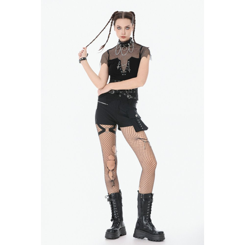 Dark in Love Punk Metal Utility Shorts with fishnet tights and stompy goth boots on a white background