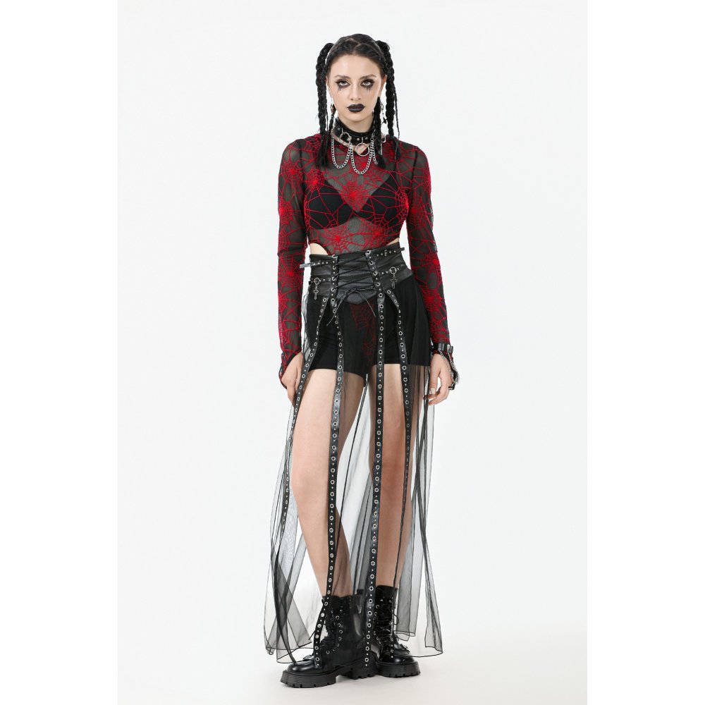 Dark in Love Gothic Sheer Mesh Maxi Skirt with PU Waist Corset
