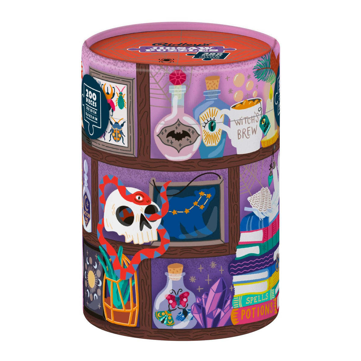 Spooky Curiosities puzzle tube with shelves of potion bottles, books and a skull printed around the sides.