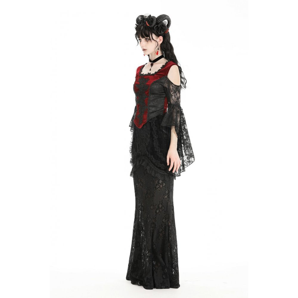 Dark in Love Delancy Gothic Black and Red Velvet Cold Shoulder Top - Kate's Clothing