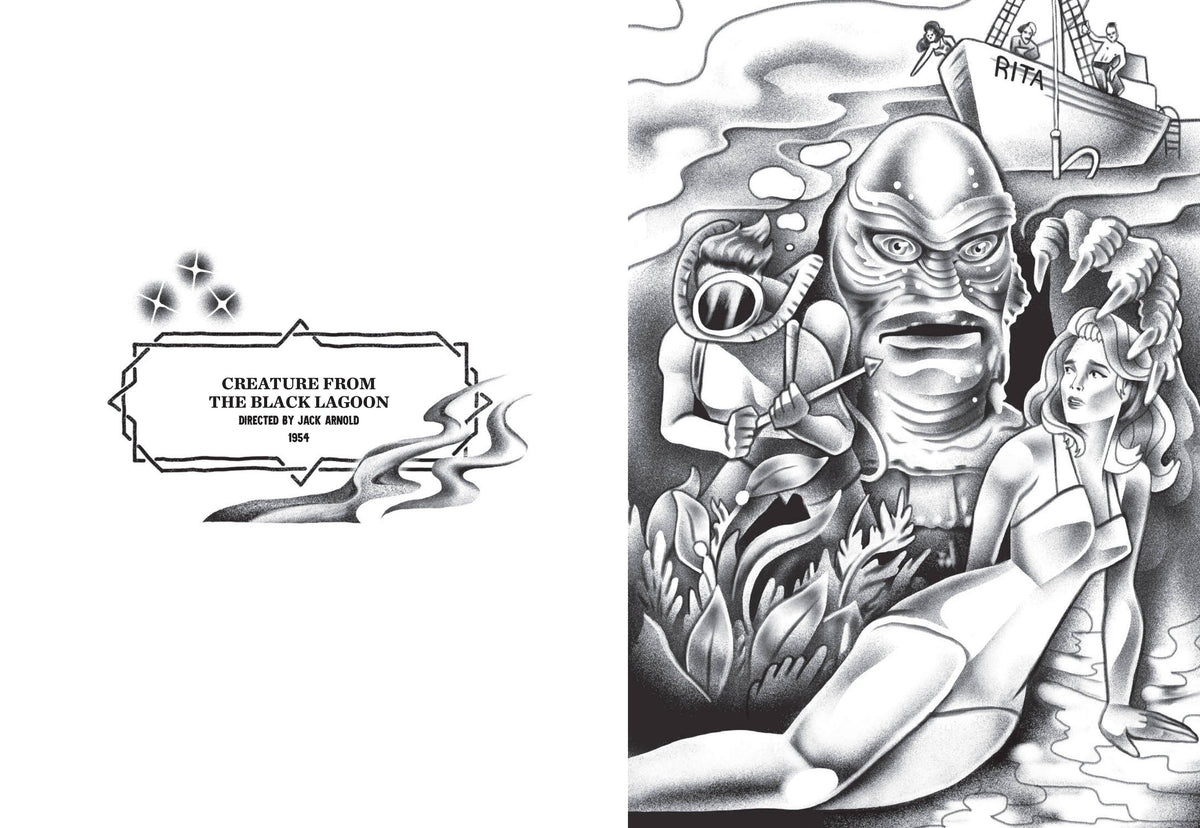 Creature from the Black Lagoon: Creature from the Black Lagoon page spread: title label on the left, black-and-white gill-man, diver and swimmer to colour on the right.