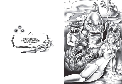 Creature from the Black Lagoon: Creature from the Black Lagoon page spread: title label on the left, black-and-white gill-man, diver and swimmer to colour on the right.