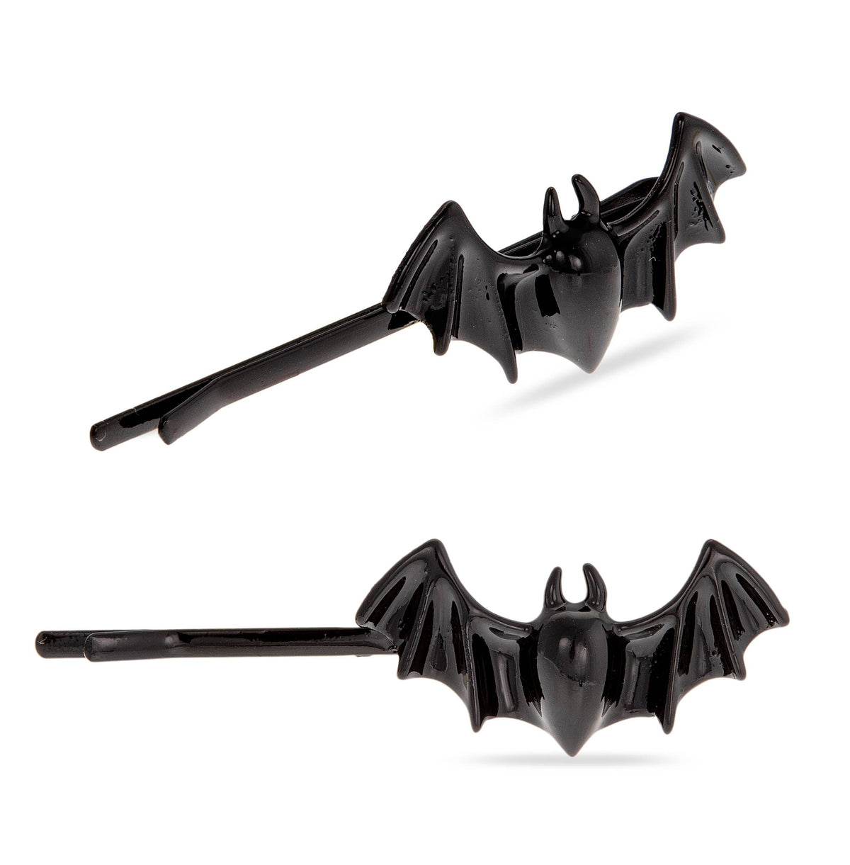 Two black bat-shaped Hocus Pocus hair slides, shown outside the packaging