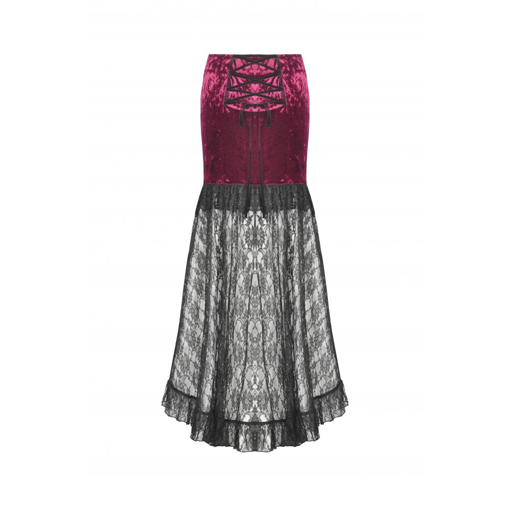 Dark in Love Crimson Queen Lace High-Low Goth Skirt in Burgundy & Black