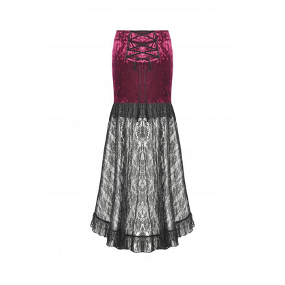 Dark in Love Crimson Queen Lace High-Low Goth Skirt in Burgundy & Black