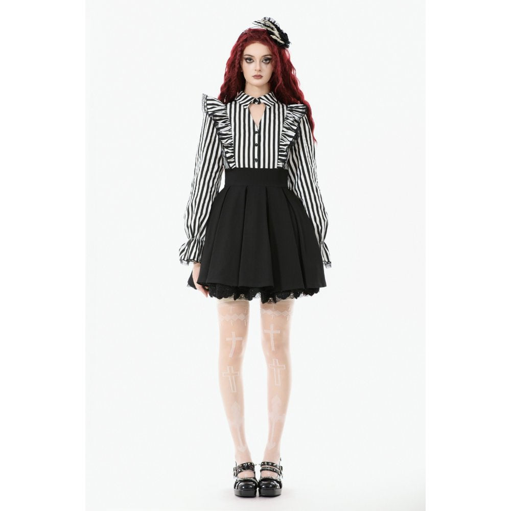 Dark in Love DW1141 Striped Ruffle Gothic Lolita Dress High Collar, Long Puff Sleeves, Pleated Skirt, Moon Brooch Detail, Elegant Striped Alternative Dress for Gothic & Lolita Fashion Lovers Dark in Love DW1141 Striped Ruffle Gothic Lolita Dress High Collar, Long Puff Sleeves, Pleated Skirt, Moon Brooch Detail, Elegant Striped Alternative Dress for Gothic & Lolita Fashion Lovers