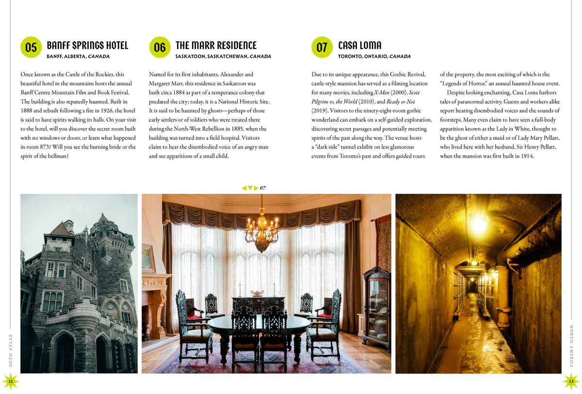Inside spread with photos of grand interiors beside columns of text.