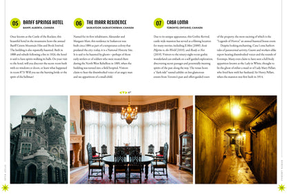 Inside spread with photos of grand interiors beside columns of text.