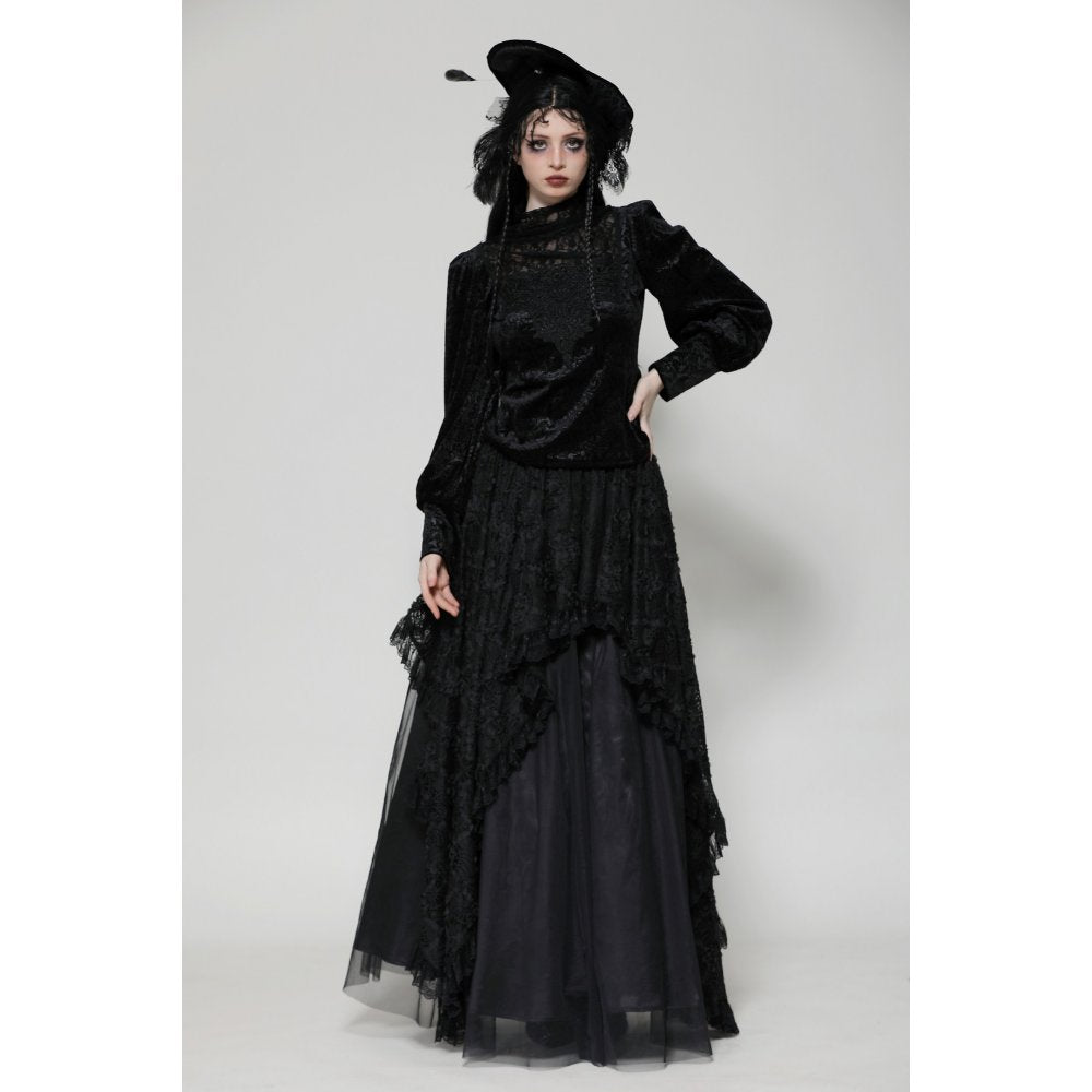 Dark in Love Cyra Gothic Jacquard Velvet Bell Sleeve Top - Kate's Clothing