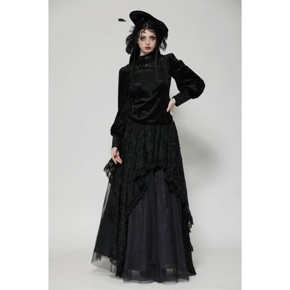 Dark in Love Cyra Gothic Jacquard Velvet Bell Sleeve Top - Kate's Clothing