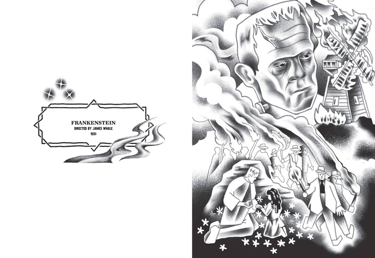 Frankenstein: Frankenstein page spread: title label on the left, the monster's face above a burning windmill and a torch-carrying mob on the right.