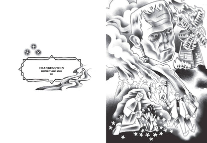 Frankenstein: Frankenstein page spread: title label on the left, the monster's face above a burning windmill and a torch-carrying mob on the right.