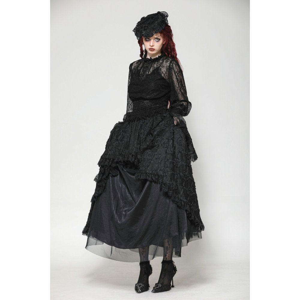 Dark in Love Aoife Black Hollow Lace Elastic Pleated Waist Eyelash Lace Cuff Top - Kate's Clothing