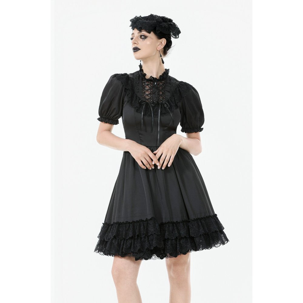 Dark in Love Belladonna Lace-Up High Collar Puff Sleeve Goth Dress  in Black