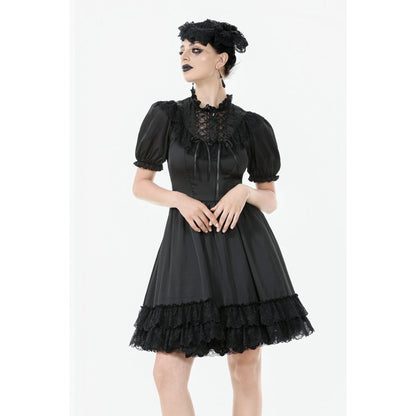 Dark in Love Belladonna Lace-Up High Collar Puff Sleeve Goth Dress  in Black