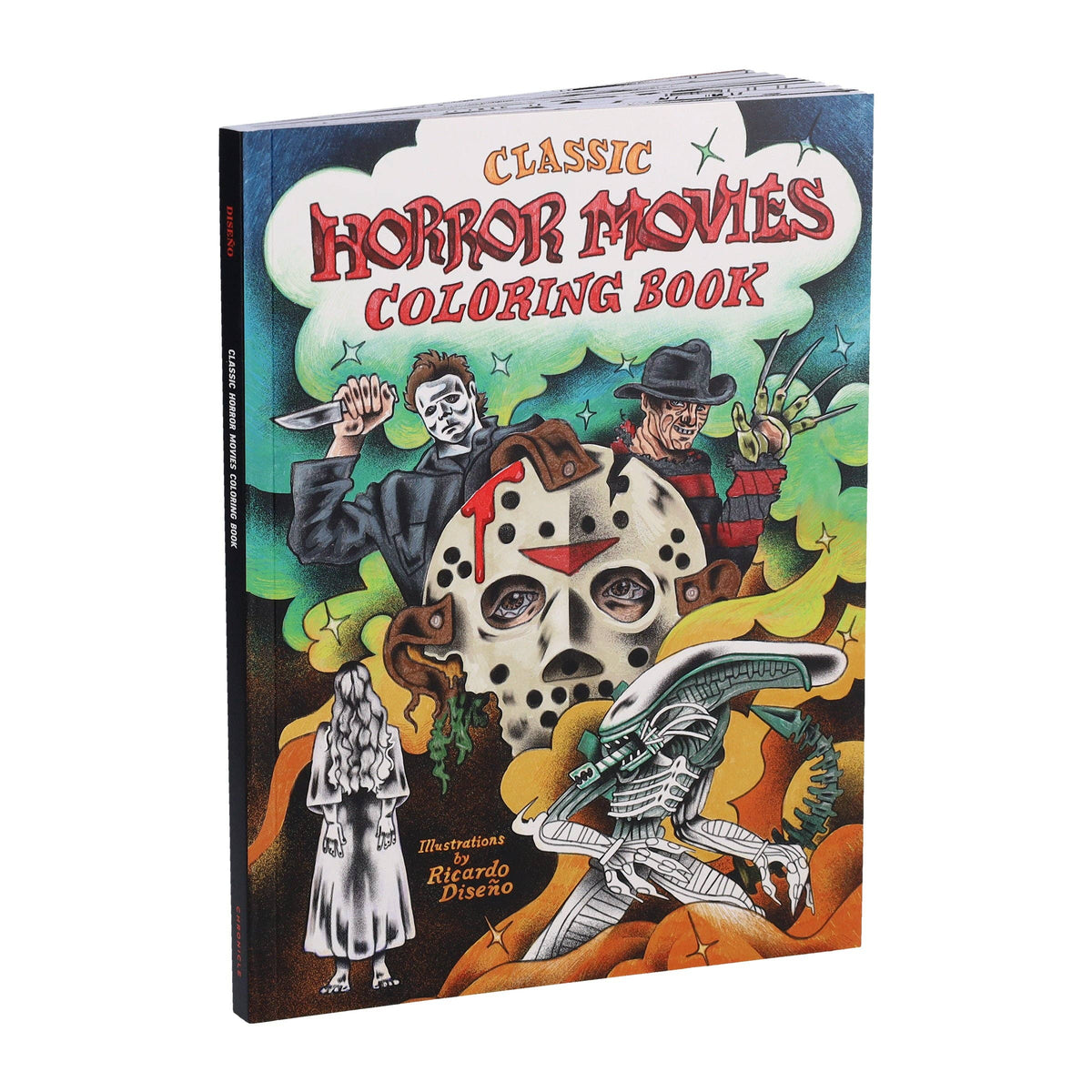 Front cover of Classic Horror Movies Colouring Book, with the title above a brightly coloured collage of skulls and monsters.
