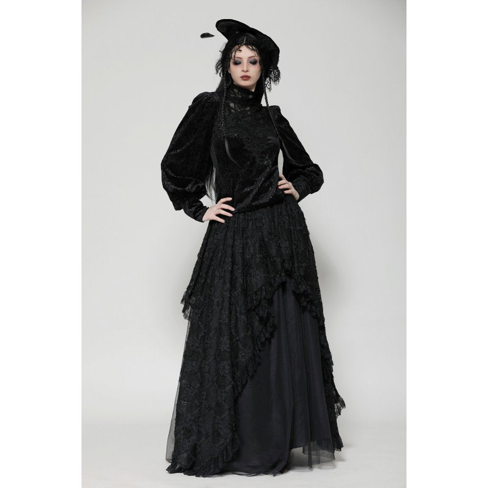 Dark in Love Cyra Gothic Jacquard Velvet Bell Sleeve Top - Kate's Clothing