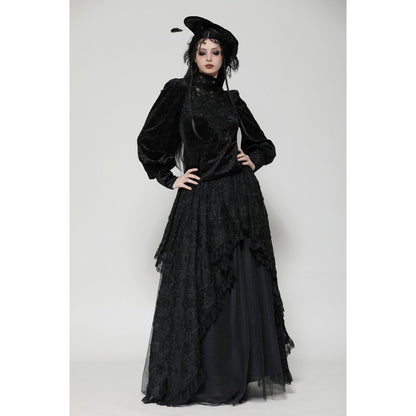 Dark in Love Cyra Gothic Jacquard Velvet Bell Sleeve Top - Kate's Clothing